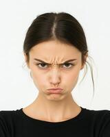 A woman displays an intense look of anger and displeasure photo