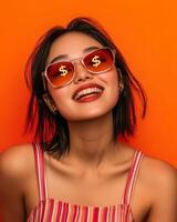 A cheerful woman enjoys the vibrant atmosphere while wearing expressive sunglasses photo