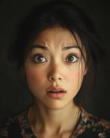 A young woman expresses shock and wonder in low light photo