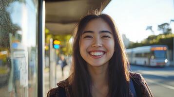 A cheerful young woman smiles warmly while waiting for her bus photo
