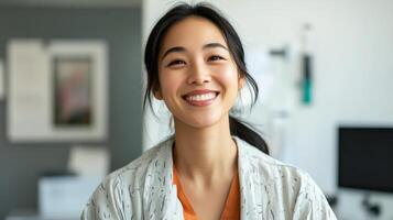 A joyful young woman enjoys her time at the hospital, radiating positivity photo