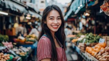 A cheerful woman enjoys the lively atmosphere at a bustling market photo