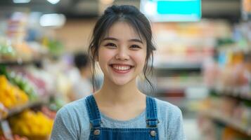 A cheerful young woman enjoys her time shopping in a vibrant marketplace photo
