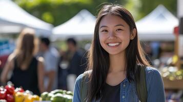 A happy woman enjoys her time among fresh produce and friendly crowds photo