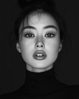 A striking close-up of a model showcasing natural beauty and freckles photo