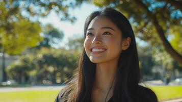 She smiles brightly while basking in the warm sunlight of a beautiful day photo