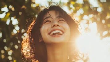 A woman beams with happiness while basking in gentle morning light photo