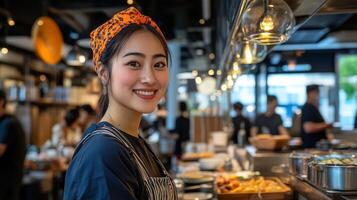 A joyful chef prepares delicious dishes in a lively dining atmosphere photo