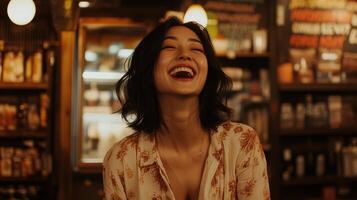 A woman beams with laughter in a warmly lit cafe photo