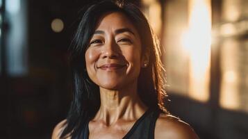A happy woman enjoys the warm glow of sunlight while smiling brightly photo