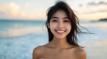 A cheerful girl enjoys the calming waves under a beautiful sunset sky photo