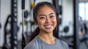 A joyful fitness enthusiast enjoys her workout in a vibrant gym photo