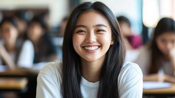 A happy young woman enjoys her time learning among classmates photo