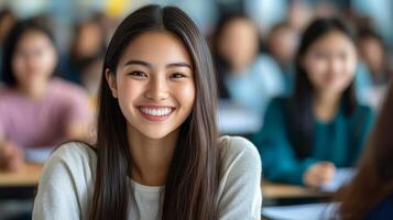 A smiling student engages enthusiastically with classmates during class photo