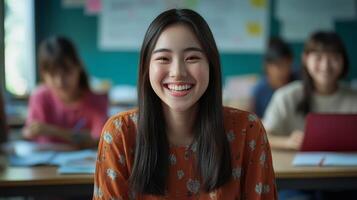 A joyful student radiates positivity while engaged in classroom activities photo