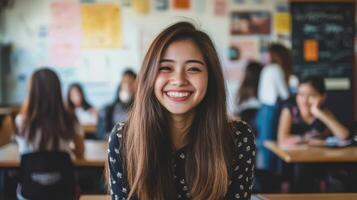 A cheerful girl beams as she engages with her classmates in school photo