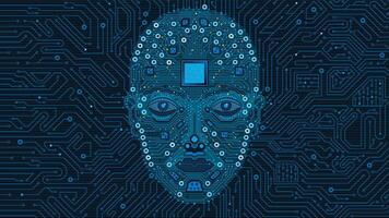 Artificial intelligence concept. Human face made of circuits with a microchip in the forehead and blue lights vector
