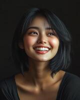 A young woman beams with joy, showcasing her radiant smile in soft light photo