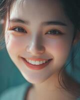 Bright smile radiates warmth and happiness in a cozy indoor setting photo