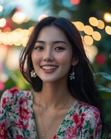 A joyful woman enjoys a lively outdoor celebration surrounded by colorful lights photo