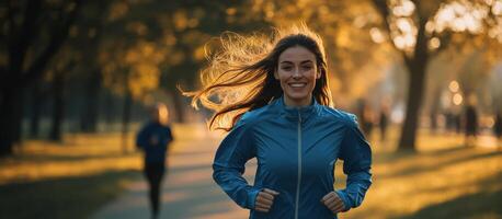 A cheerful runner enjoys an evening run amidst golden autumn light photo