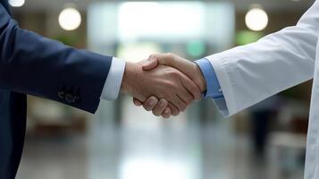 A doctor and patient share a firm handshake, symbolizing trust and cooperation photo