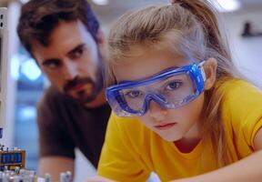 A girl with safety goggles focuses intently on her electronics project photo