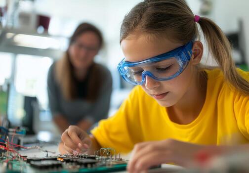 A focused girl works on a circuit board, exploring electronics in a vibrant lab photo
