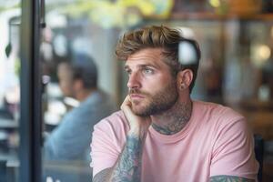 A man with tattoos sits in a cafe, lost in deep thought while gazing outside photo
