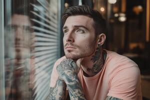 A man lost in reflection while enjoying a quiet moment indoors photo