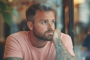 A man reflects quietly while sitting at a cafe table, lost in thought photo