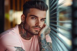 A young man with tattoos rests his chin on his hand, staring out pensively photo
