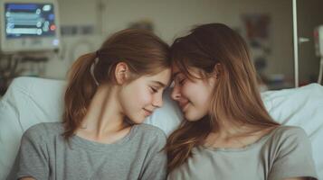 Two young women lean close, sharing smiles and warmth in a hospital setting photo