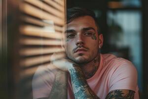 A young man with tattoos reflects quietly in a sunlit room photo