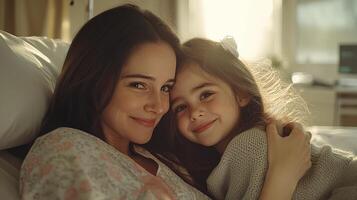 A mother and daughter embrace, sharing warmth and smiles in soft light photo