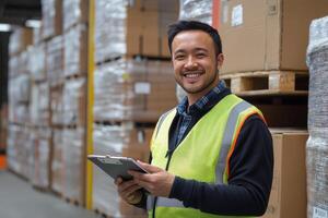 Warehouse employee checks inventory list while surrounded by stacked boxes photo
