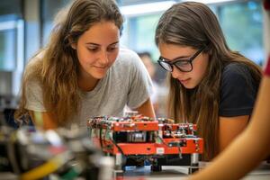 Students engaged in hands-on robotics project, exploring technology and creativity photo