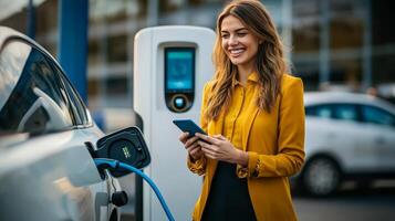 Stylish woman enjoys charging her electric car while using her smartphone photo