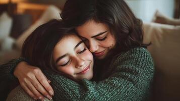 A heartfelt moment of connection shared between mother and daughter photo