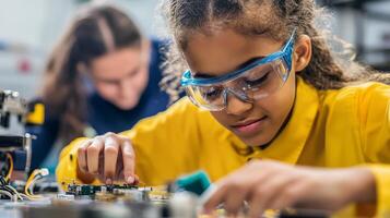 A child learns about circuits while an instructor supports her efforts photo