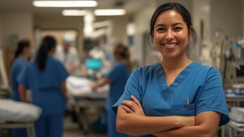 Compassionate healthcare professional exudes warmth in a busy medical setting photo