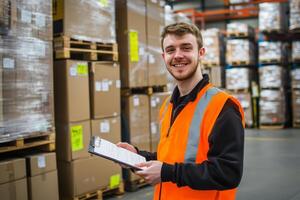 A cheerful worker reviews stock in a busy warehouse setting photo