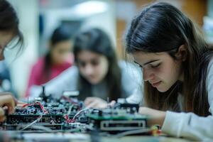 Girls collaborate on intricate robotics projects in a vibrant classroom setting photo