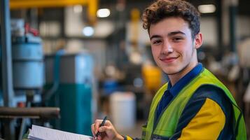 A cheerful youth in a safety vest writes notes in a vibrant workspace photo