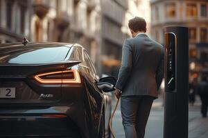 A stylish man connects his electric car to a charging station photo