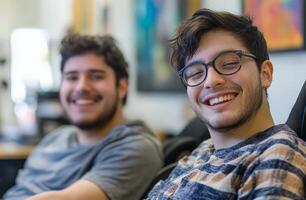 Friends share a light-hearted moment while relaxing indoors at a workshop photo