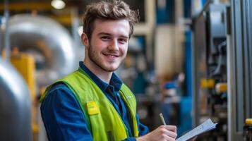 A cheerful technician reviews equipment details in a bustling workshop photo