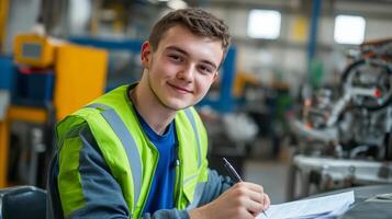 A cheerful young worker diligently writes notes in a busy workshop photo