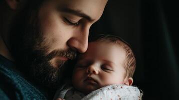 Father gently holds his peacefully sleeping baby in a cozy atmosphere photo