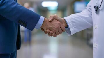 A patient and doctor share a handshake in a hospital hallway photo
